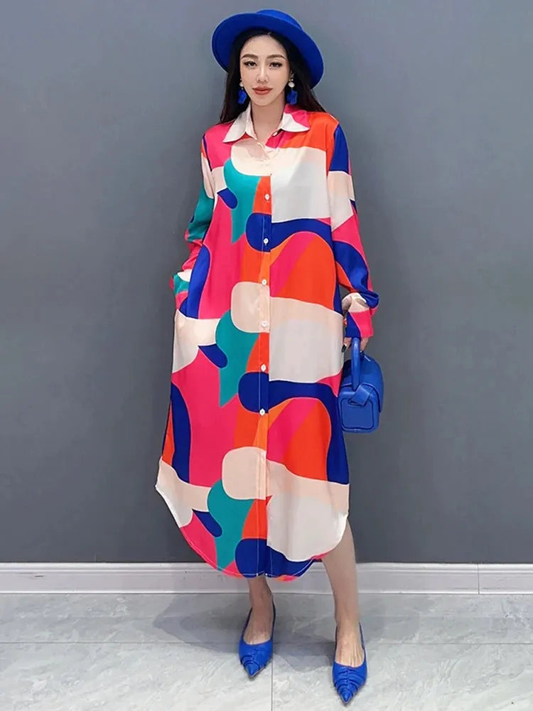Contrast Colour Print Loose Versatile Mid Casual Shirt Dress