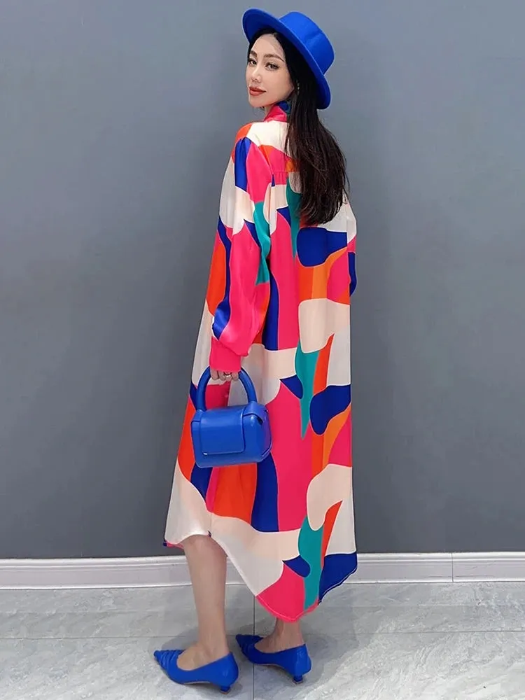 Contrast Colour Print Loose Versatile Mid Casual Shirt Dress