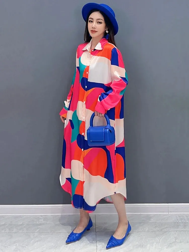 Contrast Colour Print Loose Versatile Mid Casual Shirt Dress