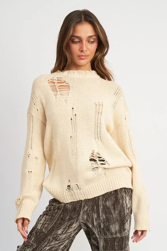 DISTRESSED OVERSIZED COMFY SWEATER (2 Colors)