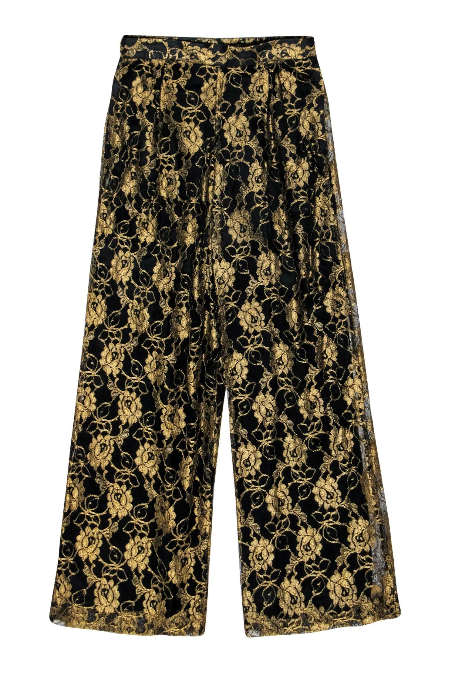 Doncaster - Black & Gold Floral Lace Wide Leg Trousers Sz 8