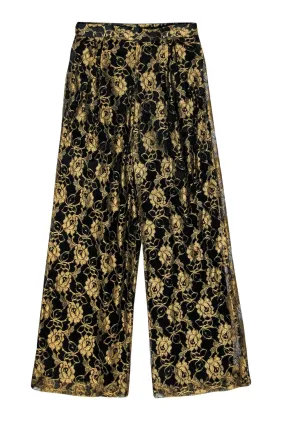Doncaster - Black & Gold Floral Lace Wide Leg Trousers Sz 8
