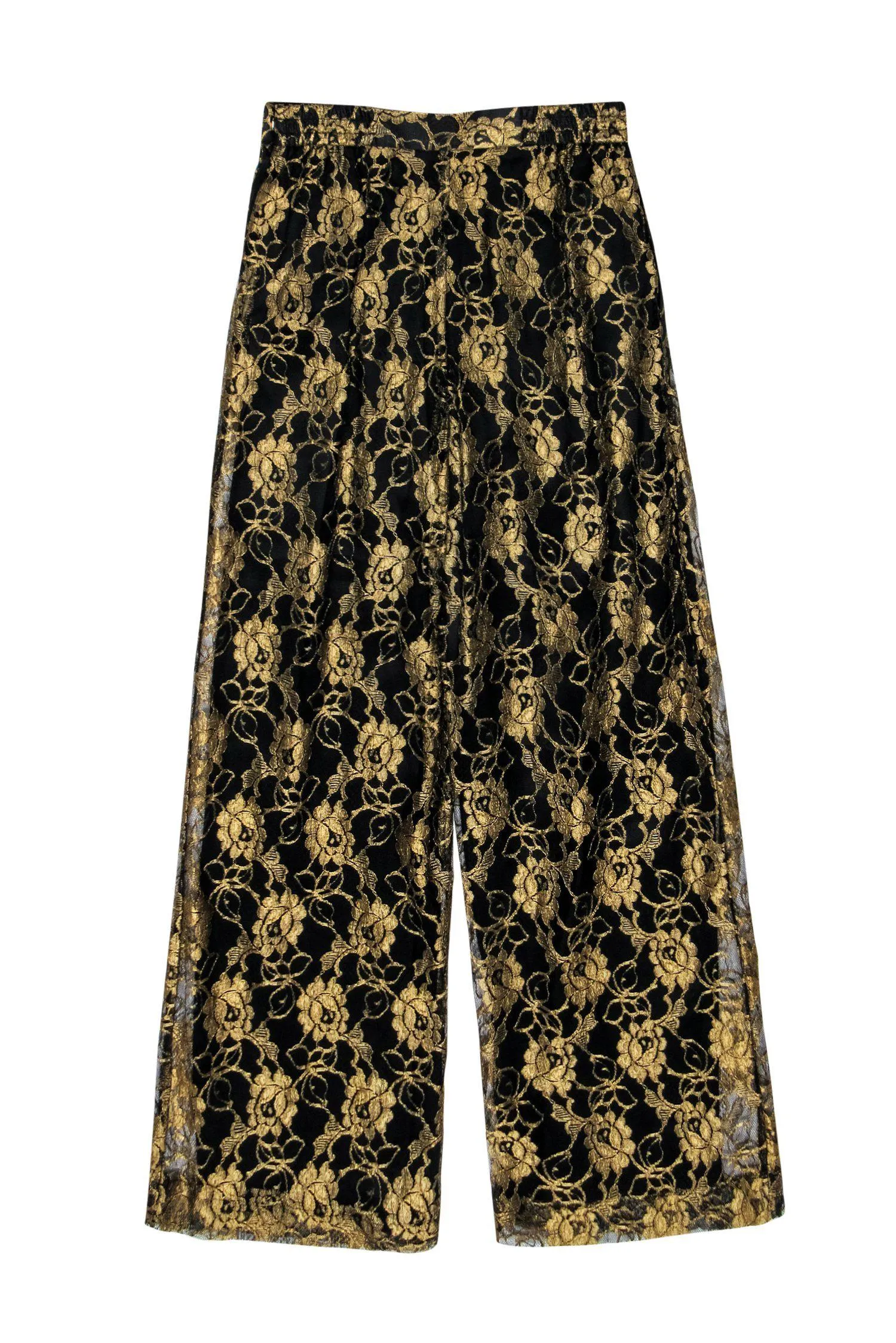 Doncaster - Black & Gold Floral Lace Wide Leg Trousers Sz 8