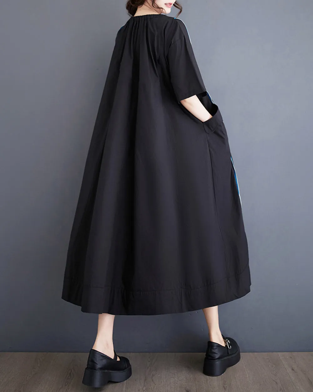 ellazhu Balck Dress for Women Zipper Solid Color Short Sleeves GZ202