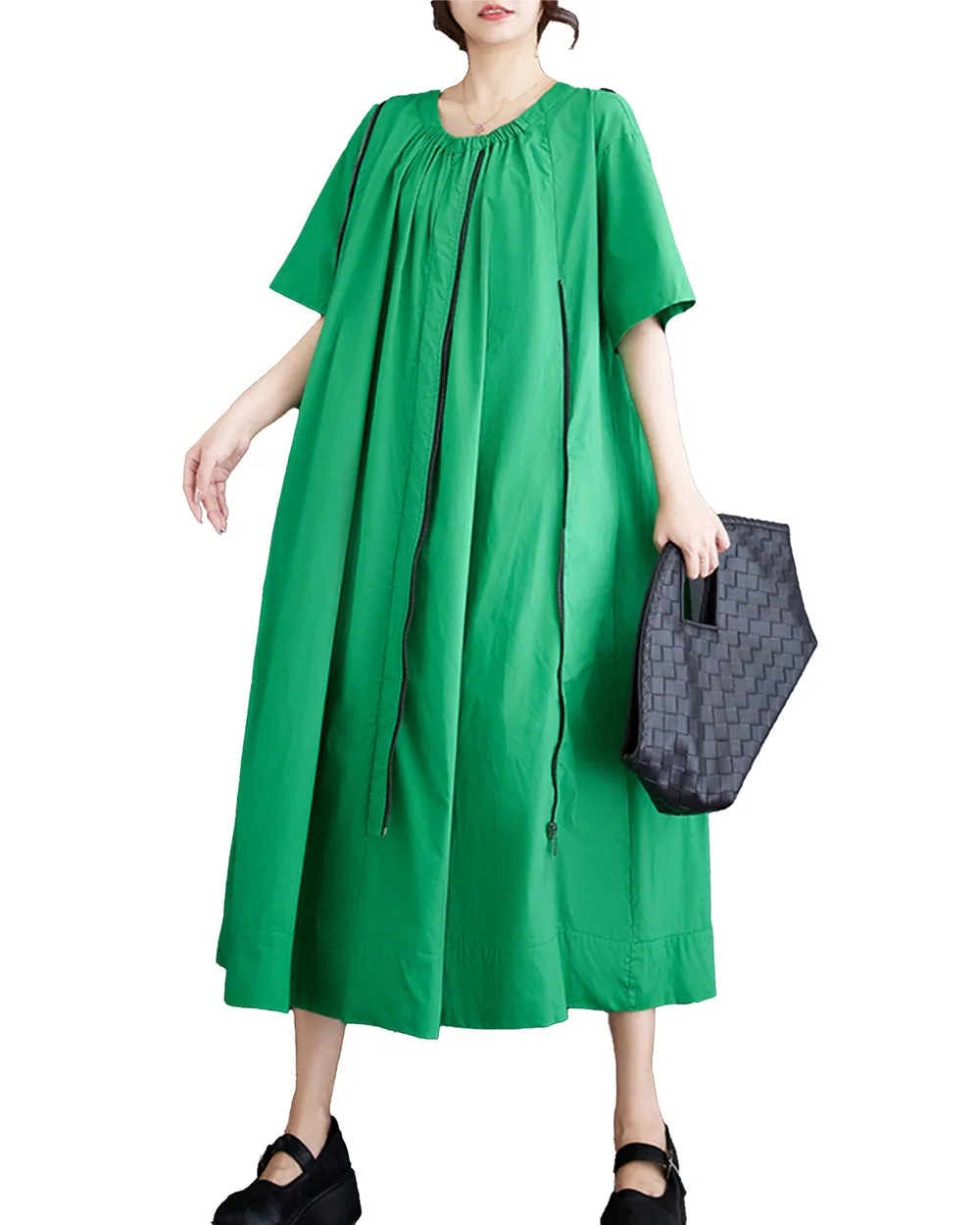 ellazhu Balck Dress for Women Zipper Solid Color Short Sleeves GZ202