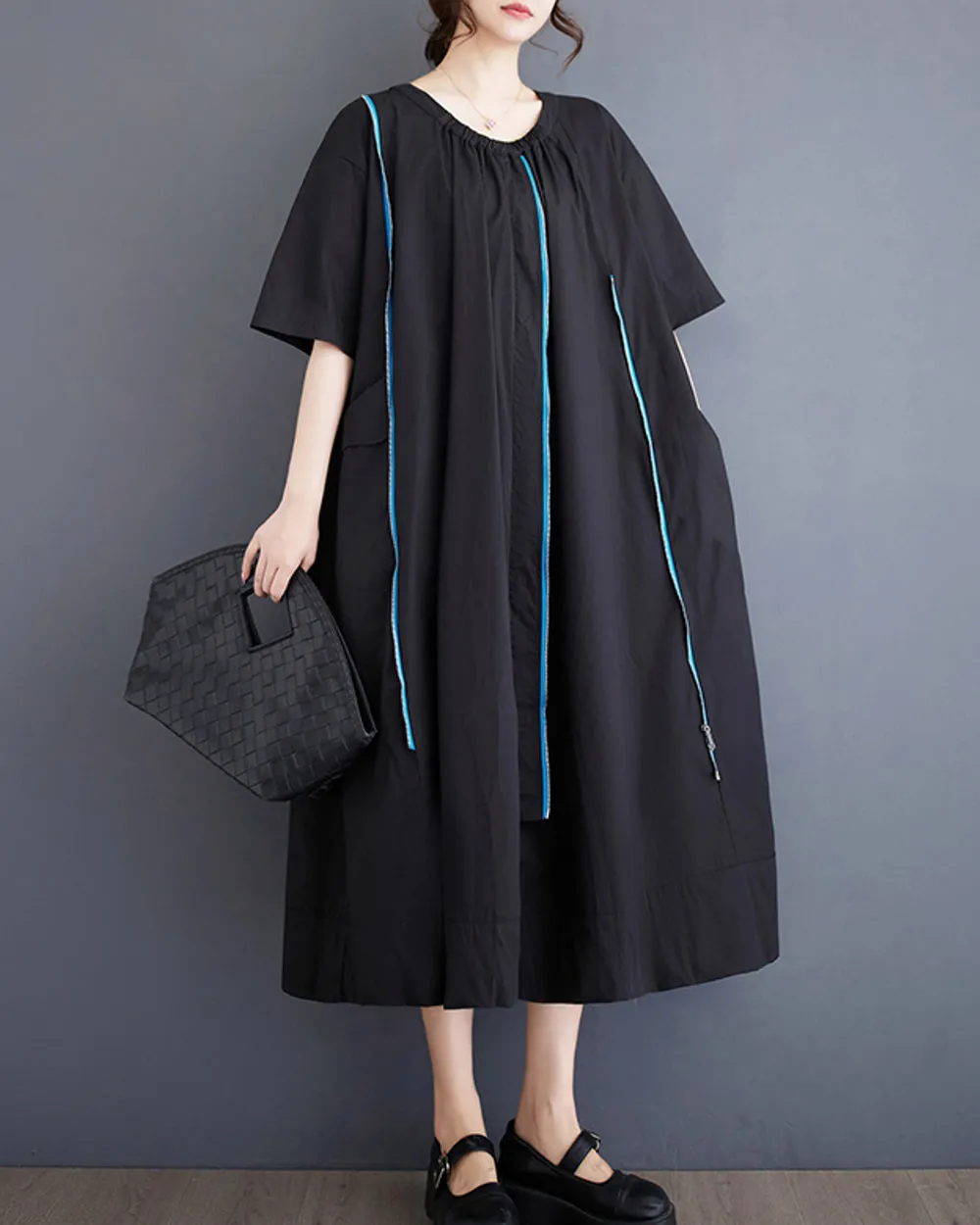 ellazhu Balck Dress for Women Zipper Solid Color Short Sleeves GZ202
