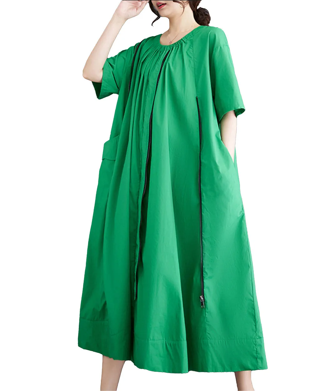 ellazhu Balck Dress for Women Zipper Solid Color Short Sleeves GZ202