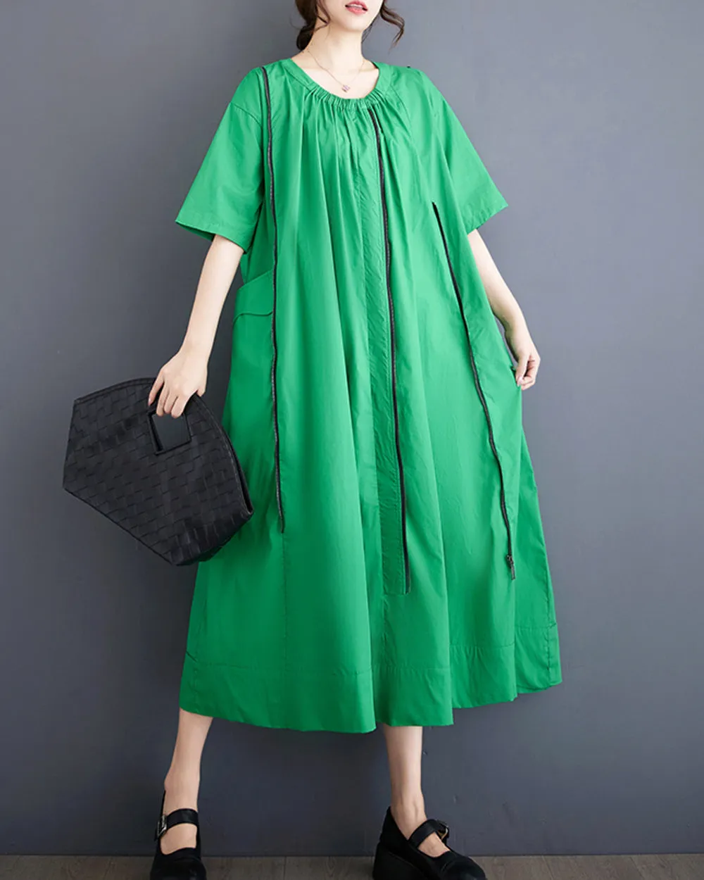 ellazhu Balck Dress for Women Zipper Solid Color Short Sleeves GZ202