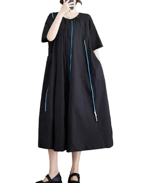 ellazhu Balck Dress for Women Zipper Solid Color Short Sleeves GZ202
