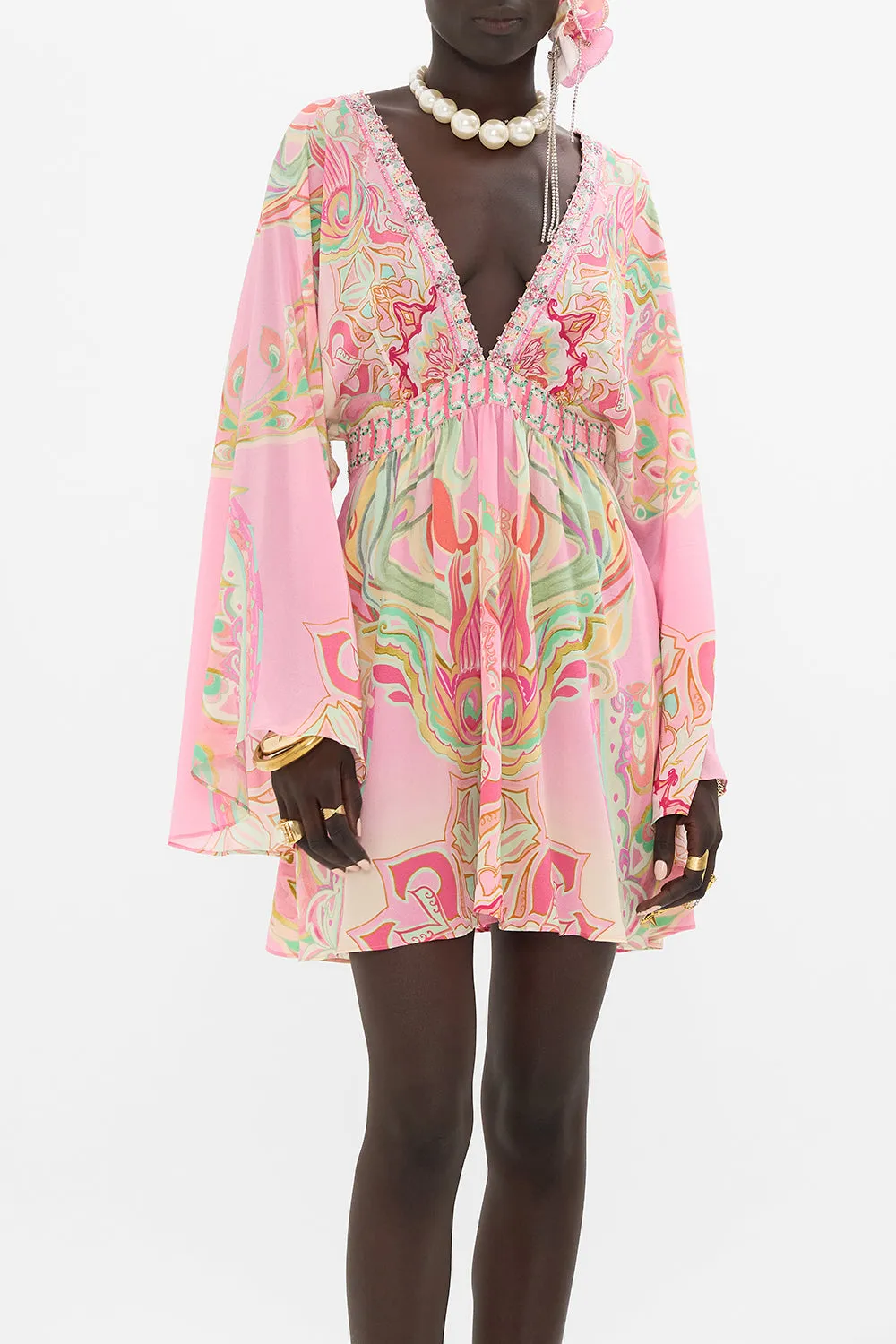 GATHERED KIMONO MINI DRESS TEA WITH TUSCHINSKI