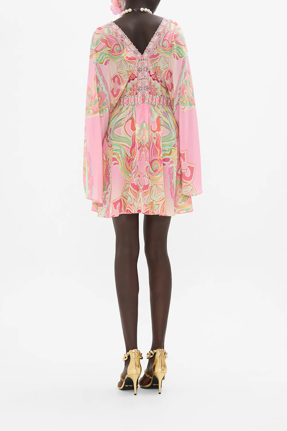 GATHERED KIMONO MINI DRESS TEA WITH TUSCHINSKI