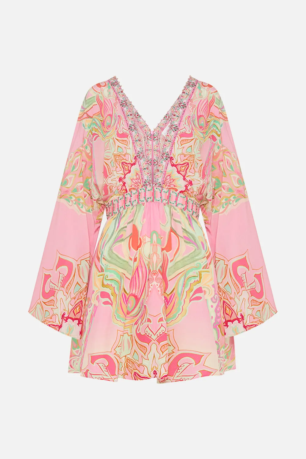 GATHERED KIMONO MINI DRESS TEA WITH TUSCHINSKI