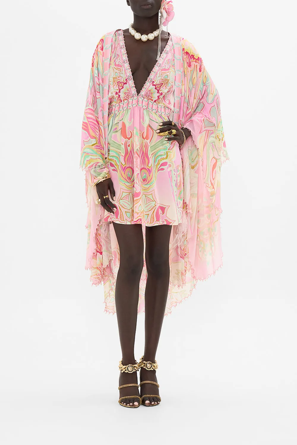 GATHERED KIMONO MINI DRESS TEA WITH TUSCHINSKI