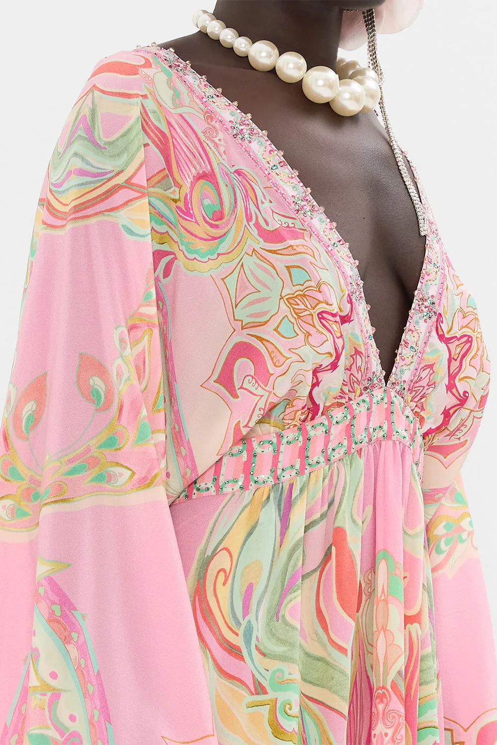 GATHERED KIMONO MINI DRESS TEA WITH TUSCHINSKI