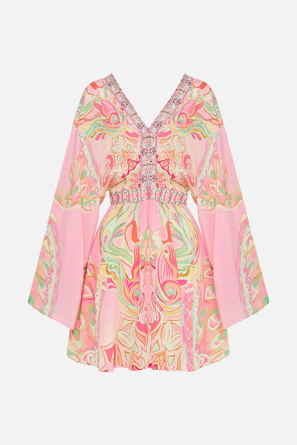 GATHERED KIMONO MINI DRESS TEA WITH TUSCHINSKI
