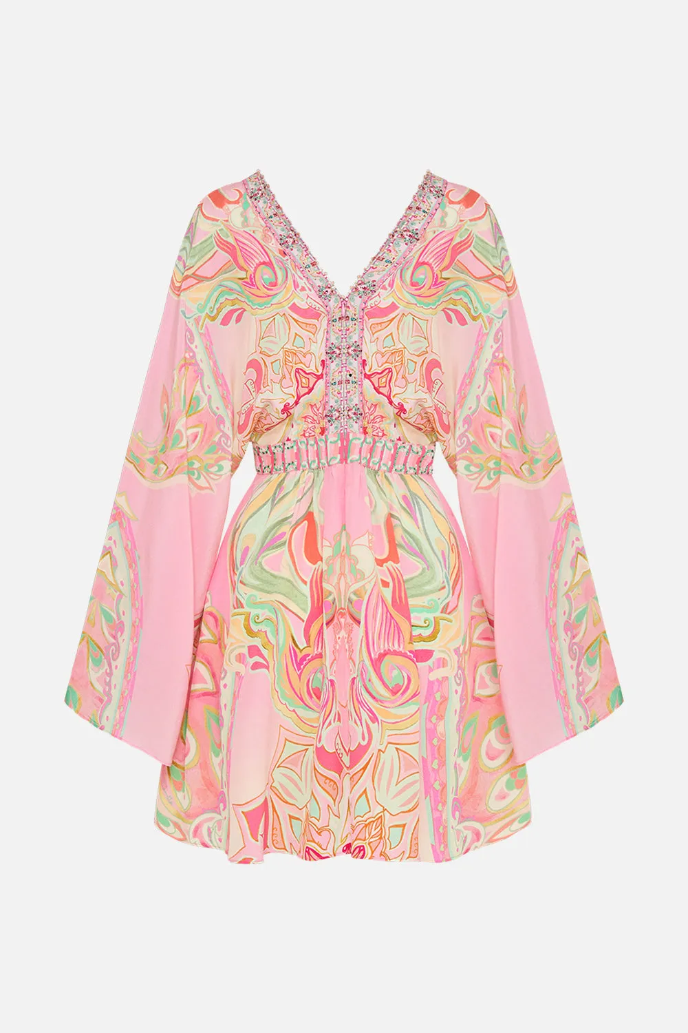 GATHERED KIMONO MINI DRESS TEA WITH TUSCHINSKI