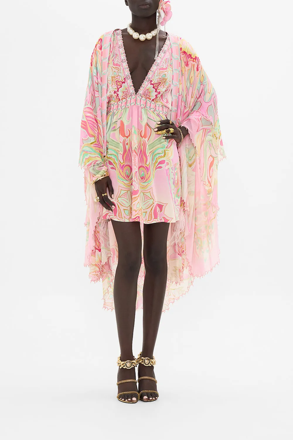 GATHERED KIMONO MINI DRESS TEA WITH TUSCHINSKI