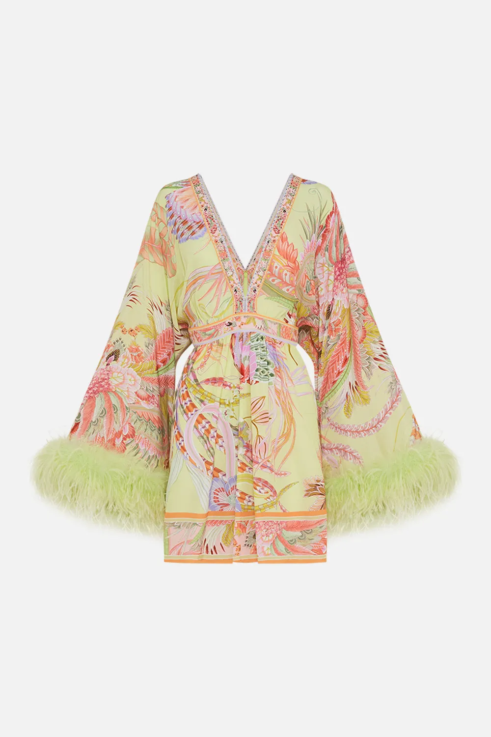 GATHERED KIMONO MINI DRESS WITH FEATHERS COSMIC TUSCAN