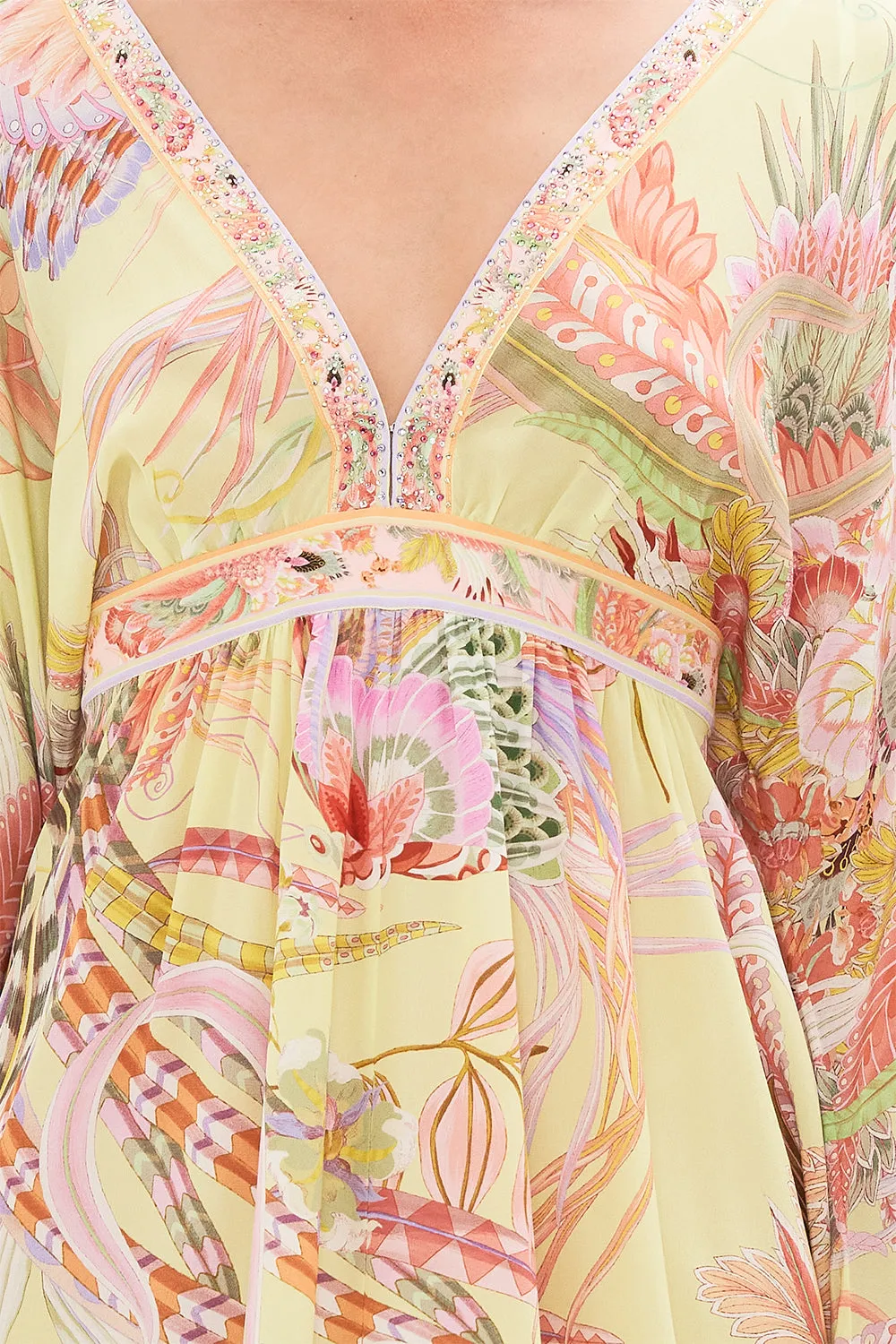 GATHERED KIMONO MINI DRESS WITH FEATHERS COSMIC TUSCAN