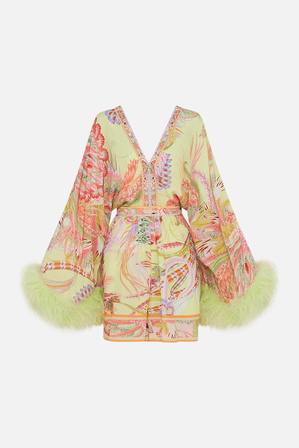 GATHERED KIMONO MINI DRESS WITH FEATHERS COSMIC TUSCAN