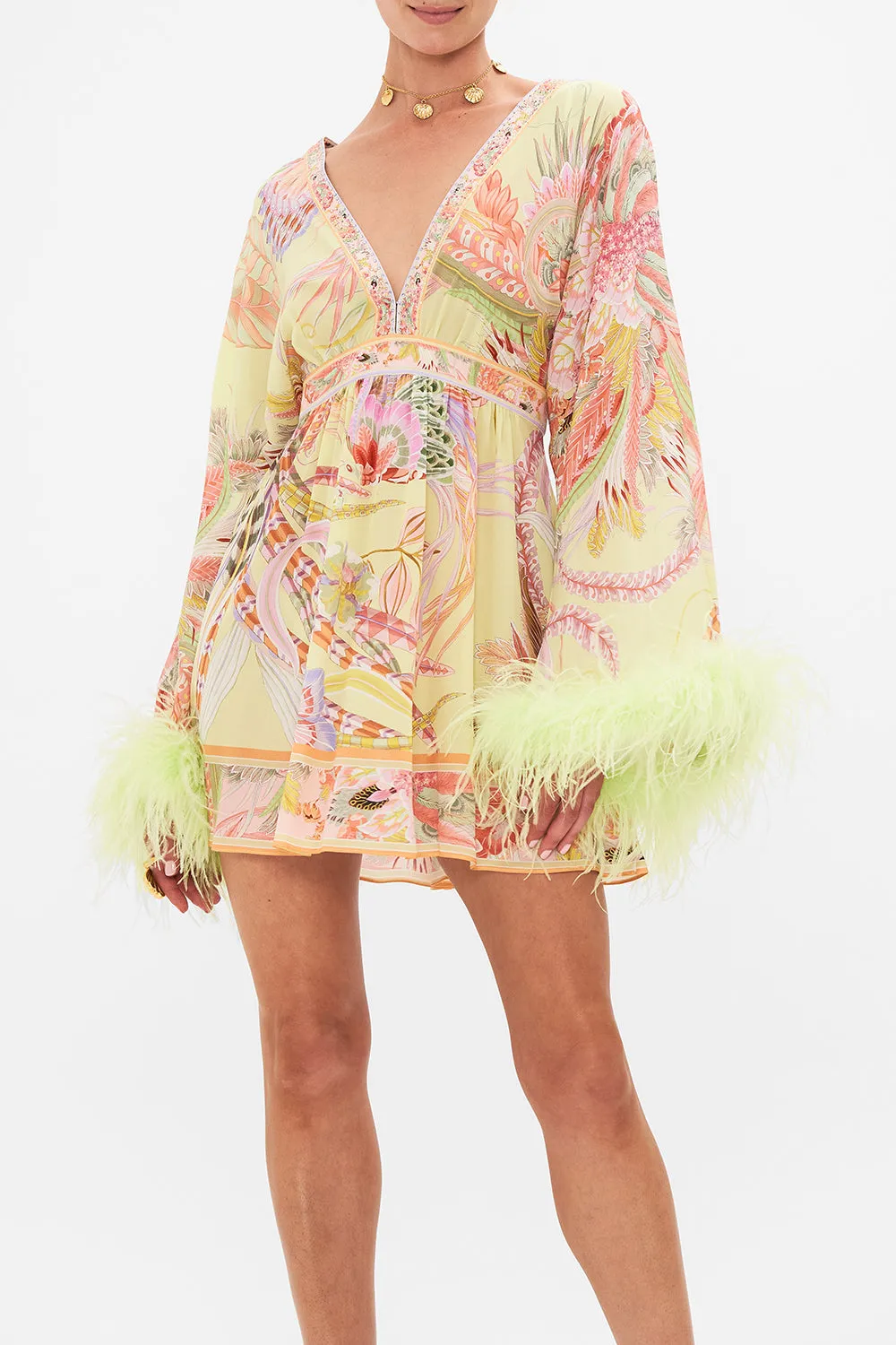 GATHERED KIMONO MINI DRESS WITH FEATHERS COSMIC TUSCAN