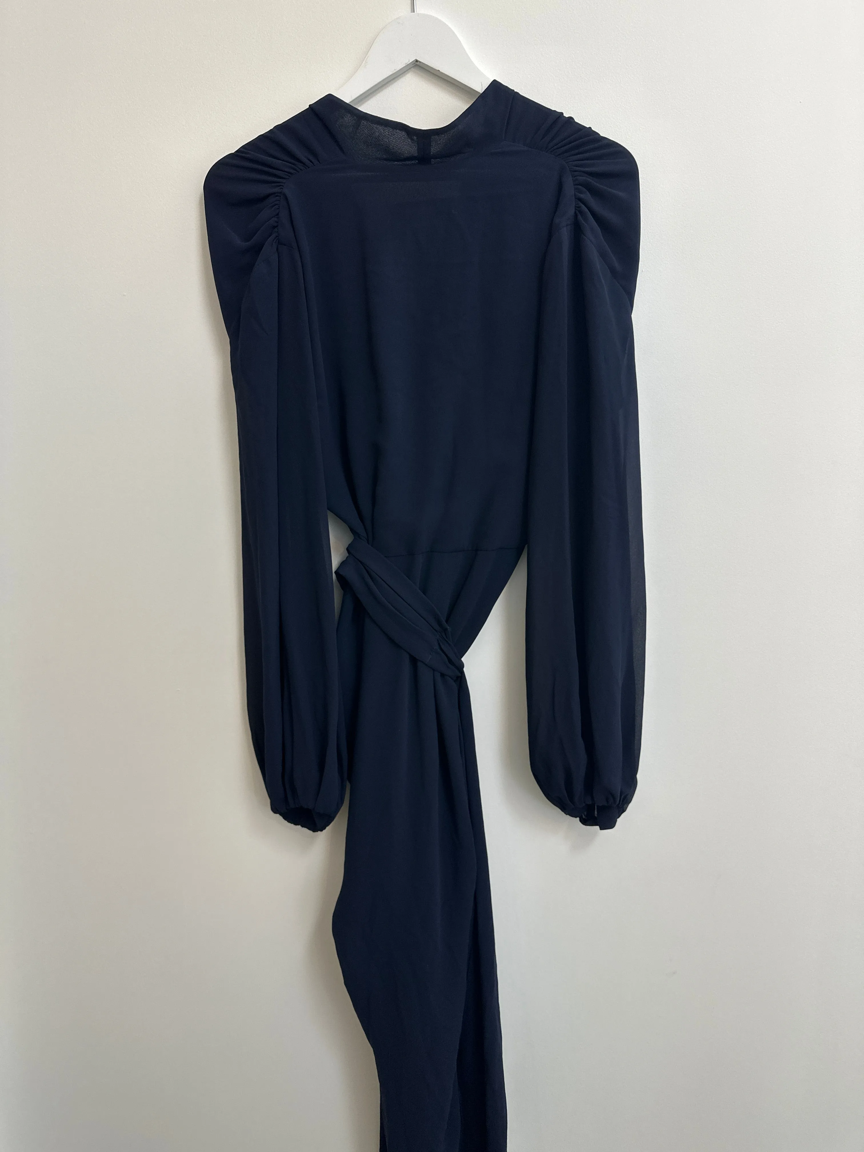 Georgette V Neck Classic Waterfall Dress in Navy