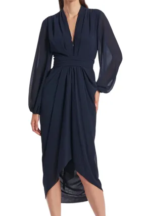 Georgette V Neck Classic Waterfall Dress in Navy