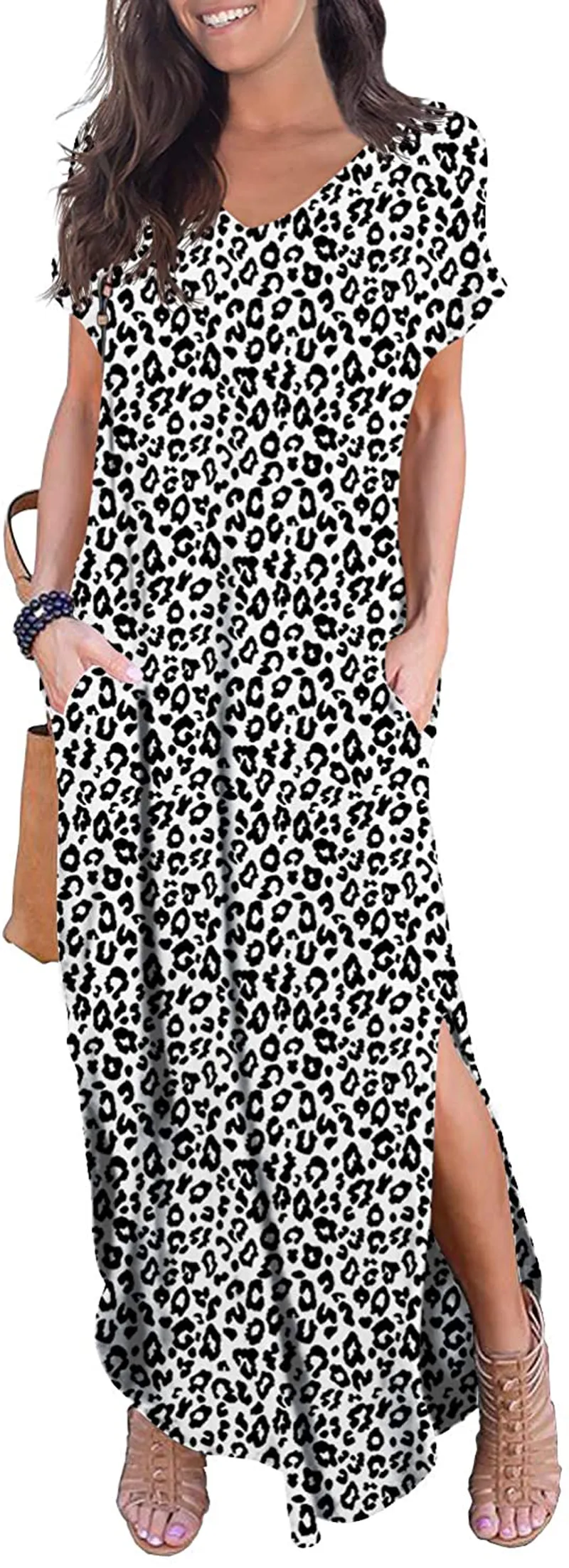 GRECERELLE Women's Casual Loose Pocket Long Dress Short Sleeve Split Maxi Dresses