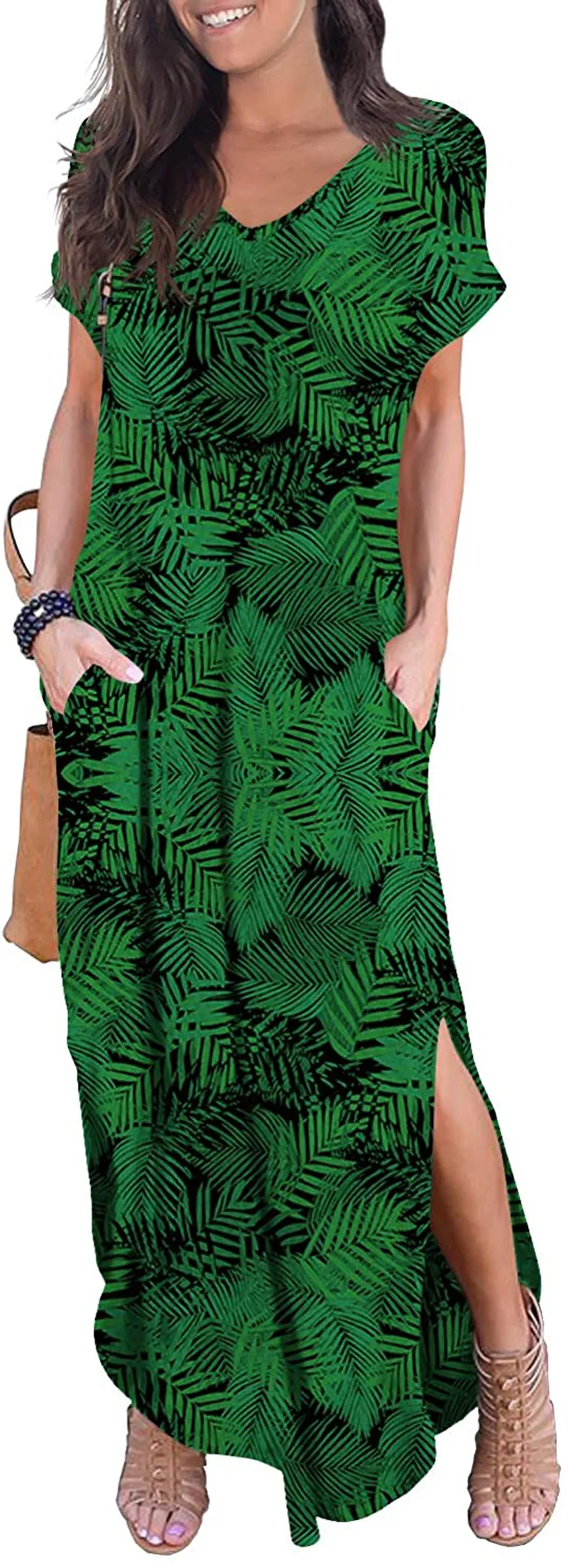 GRECERELLE Women's Casual Loose Pocket Long Dress Short Sleeve Split Maxi Dresses