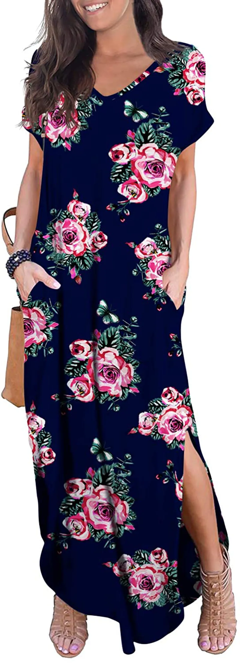 GRECERELLE Women's Casual Loose Pocket Long Dress Short Sleeve Split Maxi Dresses