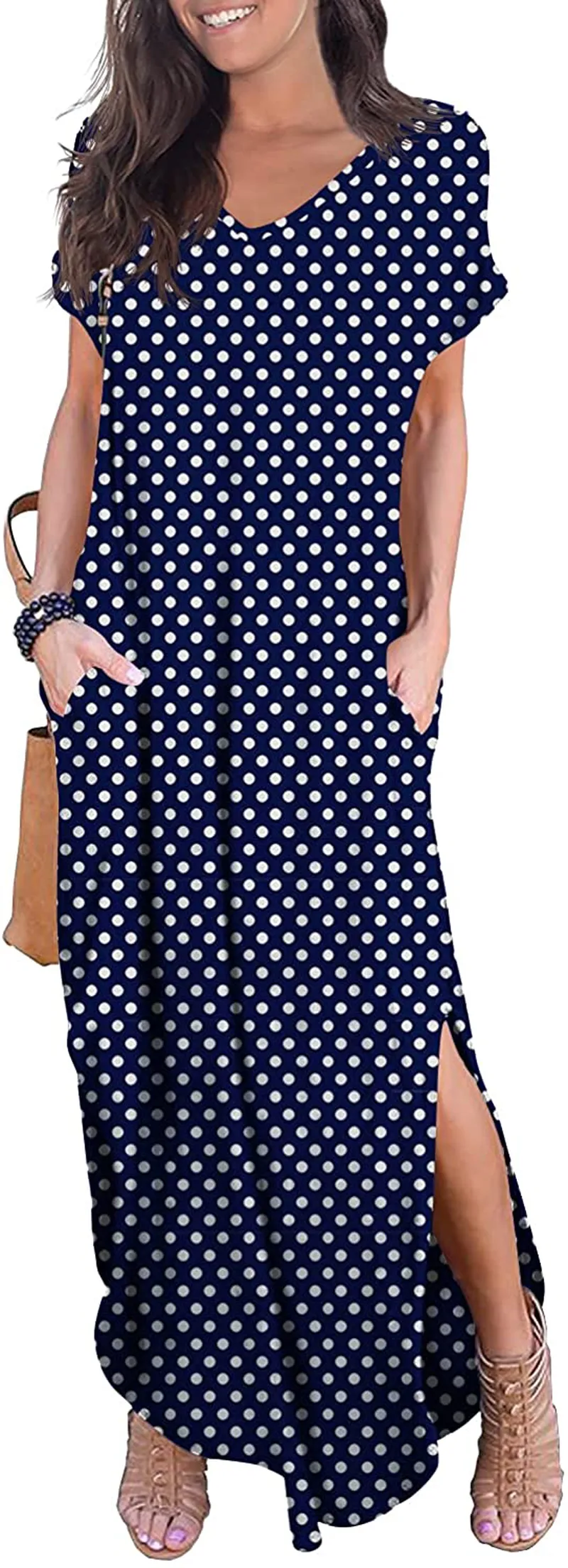 GRECERELLE Women's Casual Loose Pocket Long Dress Short Sleeve Split Maxi Dresses