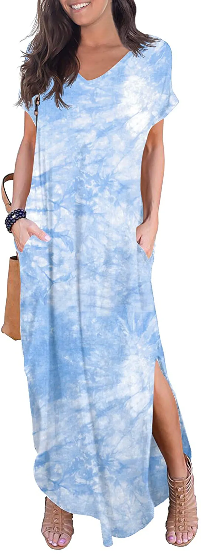 GRECERELLE Women's Casual Loose Pocket Long Dress Short Sleeve Split Maxi Dresses