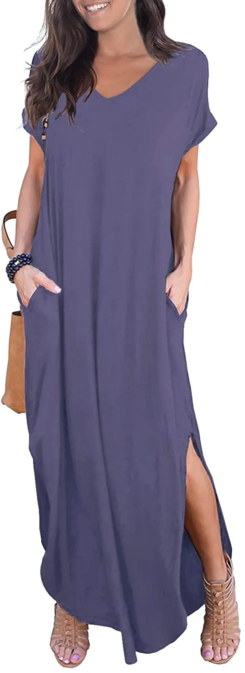 GRECERELLE Women's Casual Loose Pocket Long Dress Short Sleeve Split Maxi Dresses