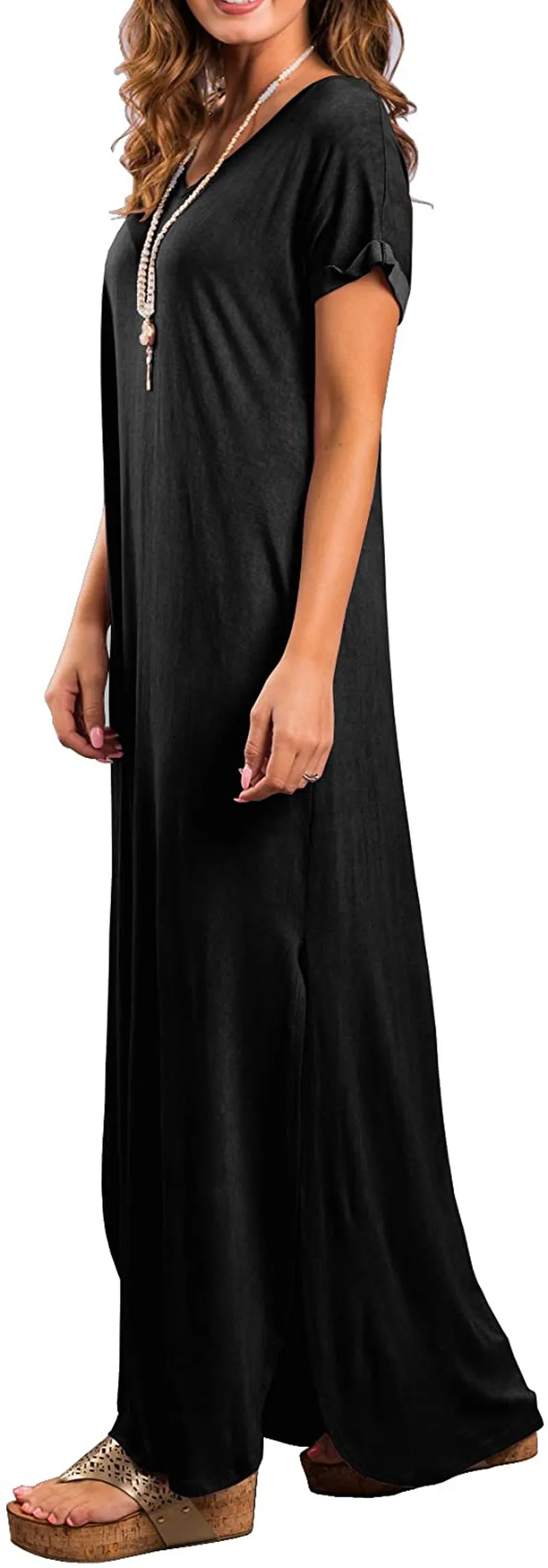 GRECERELLE Women's Casual Loose Pocket Long Dress Short Sleeve Split Maxi Dresses