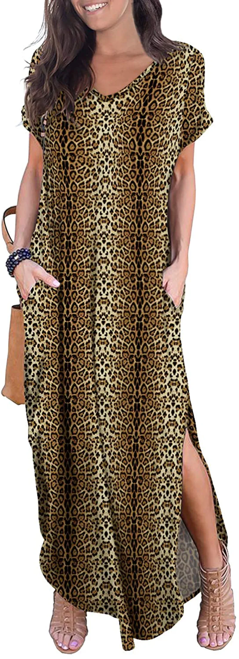 GRECERELLE Women's Casual Loose Pocket Long Dress Short Sleeve Split Maxi Dresses