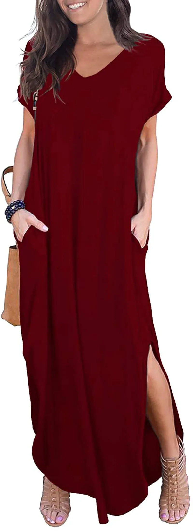 GRECERELLE Women's Casual Loose Pocket Long Dress Short Sleeve Split Maxi Dresses
