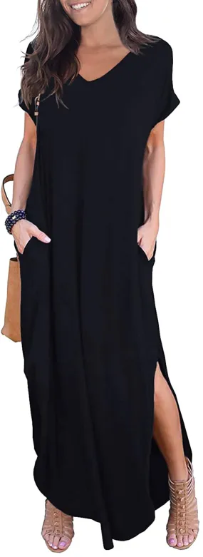 GRECERELLE Women's Casual Loose Pocket Long Dress Short Sleeve Split Maxi Dresses