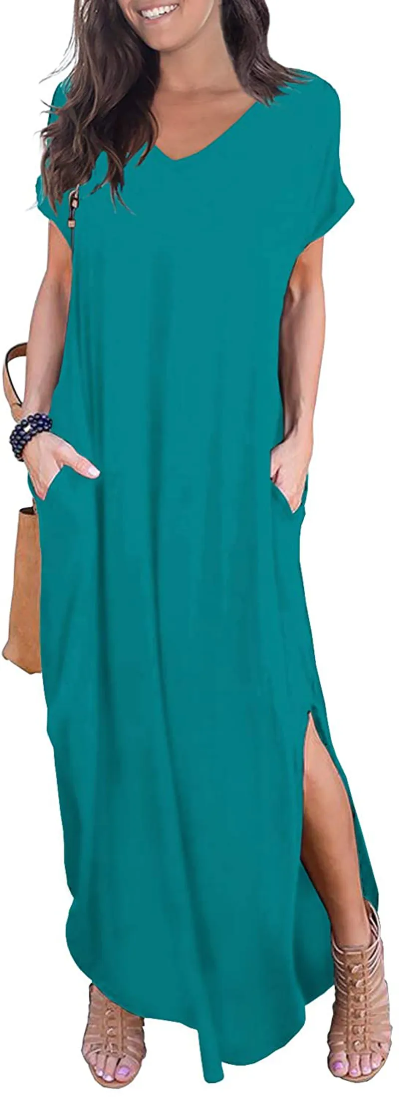GRECERELLE Women's Casual Loose Pocket Long Dress Short Sleeve Split Maxi Dresses