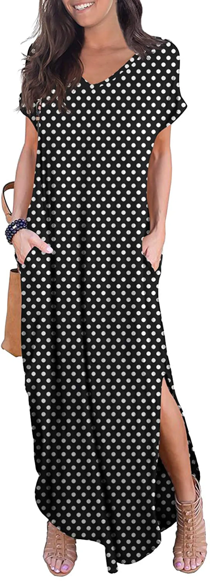 GRECERELLE Women's Casual Loose Pocket Long Dress Short Sleeve Split Maxi Dresses