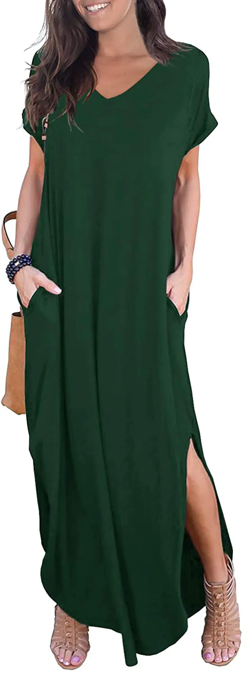 GRECERELLE Women's Casual Loose Pocket Long Dress Short Sleeve Split Maxi Dresses