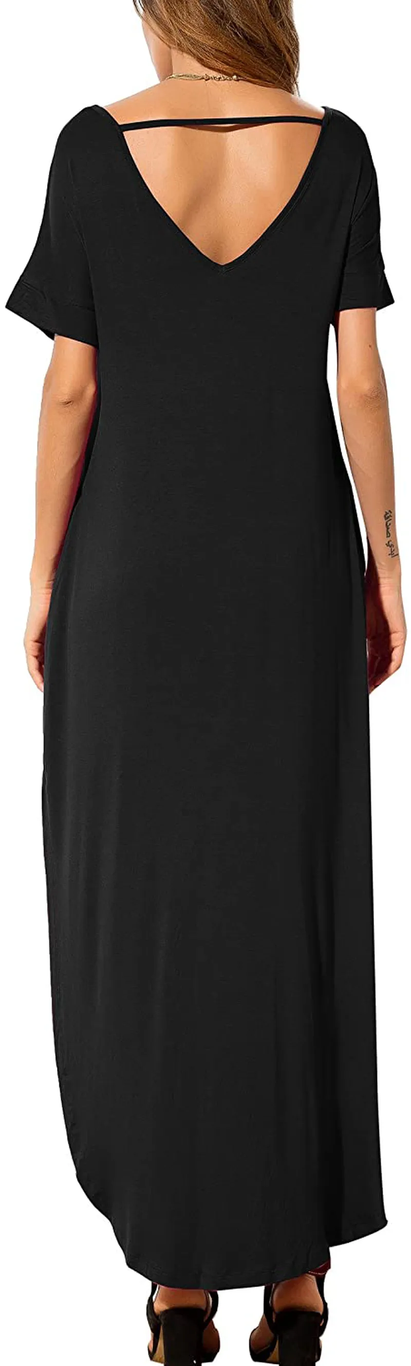 GRECERELLE Women's Casual Loose Pocket Long Dress Short Sleeve Split Maxi Dresses
