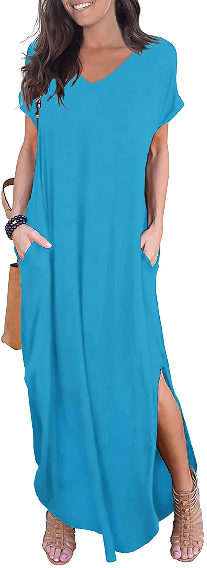 GRECERELLE Women's Casual Loose Pocket Long Dress Short Sleeve Split Maxi Dresses