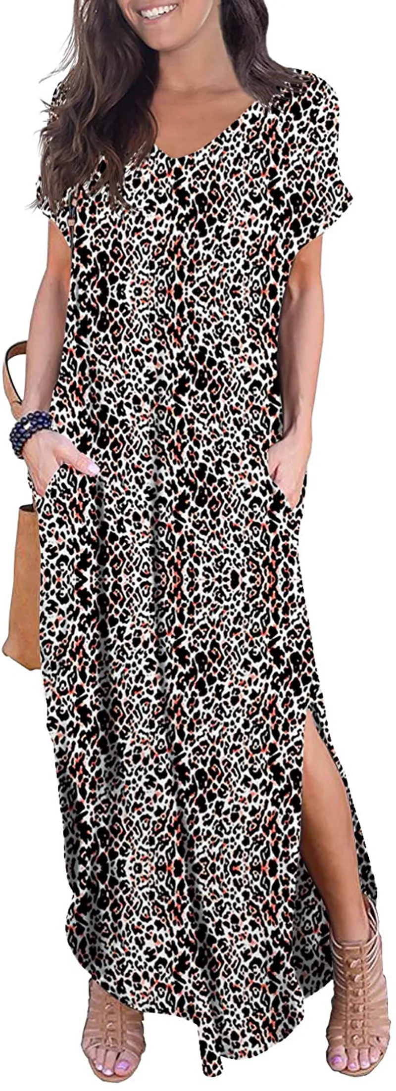 GRECERELLE Women's Casual Loose Pocket Long Dress Short Sleeve Split Maxi Dresses