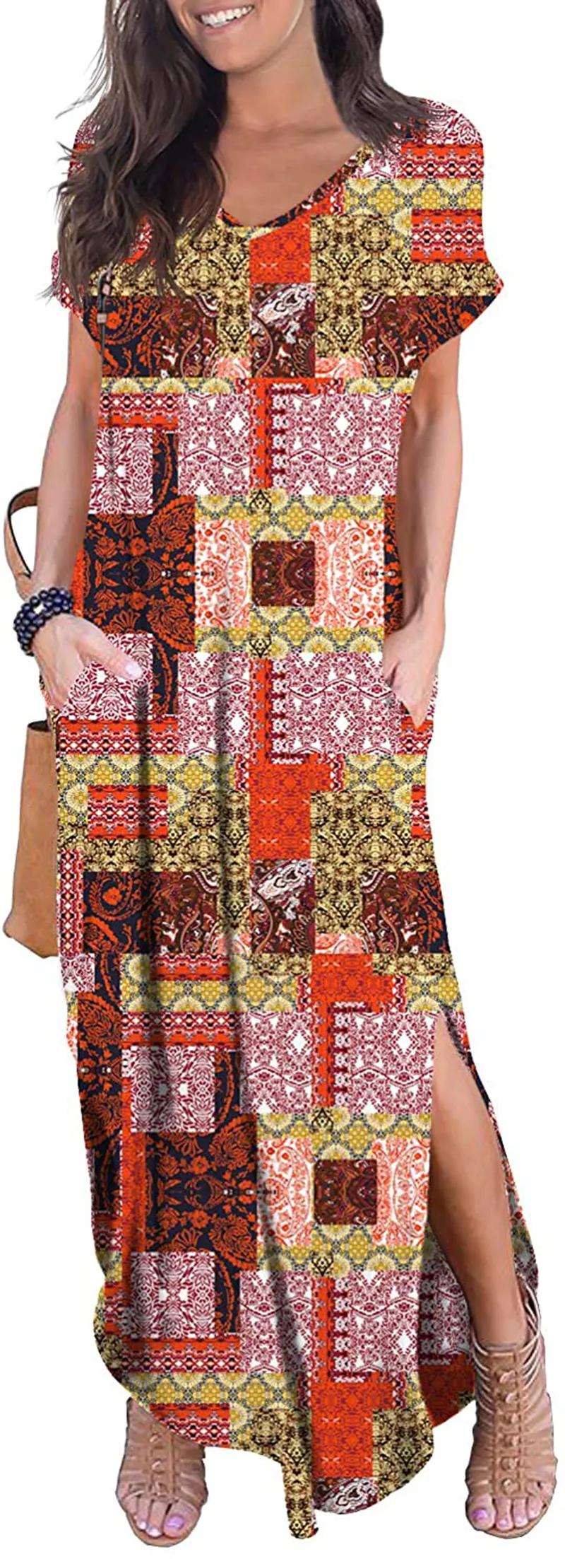 GRECERELLE Women's Casual Loose Pocket Long Dress Short Sleeve Split Maxi Dresses