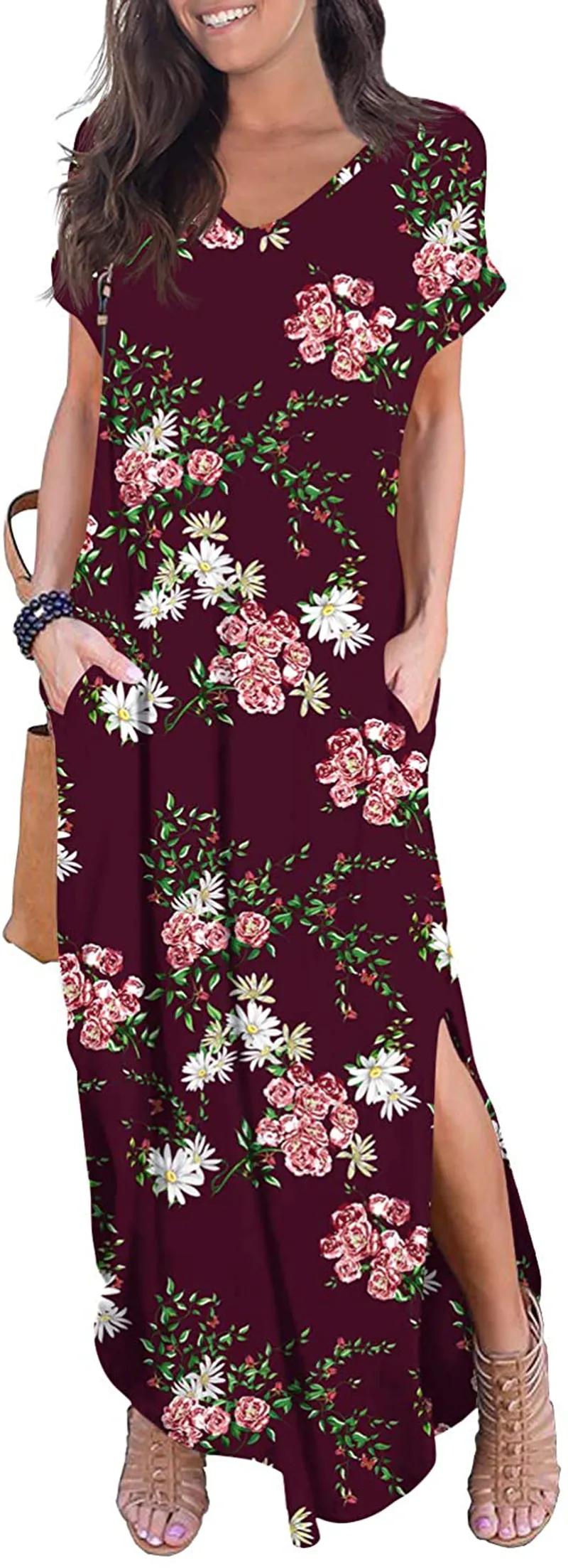 GRECERELLE Women's Casual Loose Pocket Long Dress Short Sleeve Split Maxi Dresses