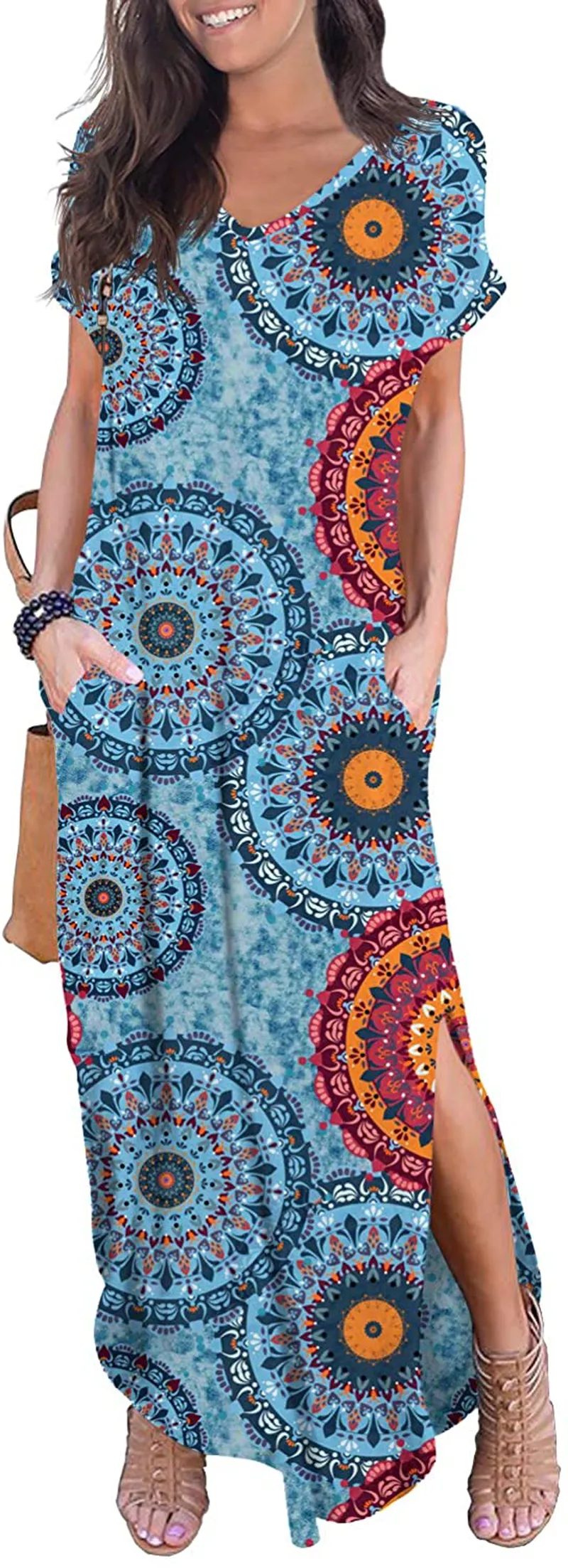 GRECERELLE Women's Casual Loose Pocket Long Dress Short Sleeve Split Maxi Dresses