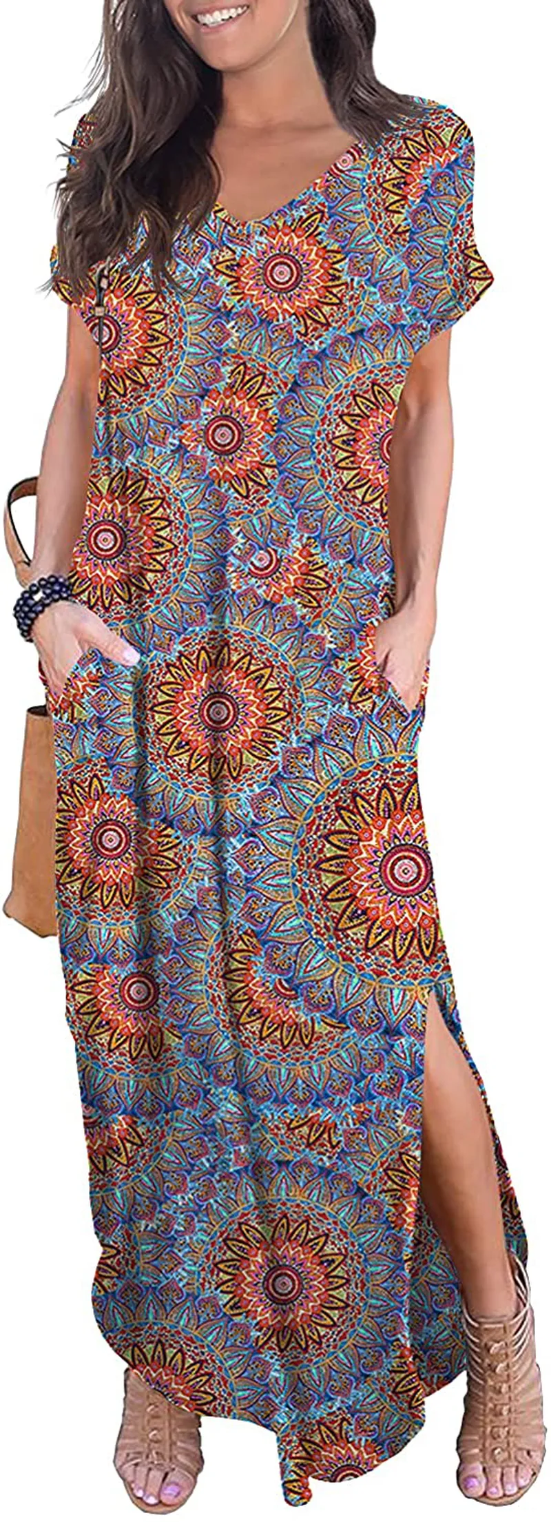 GRECERELLE Women's Casual Loose Pocket Long Dress Short Sleeve Split Maxi Dresses
