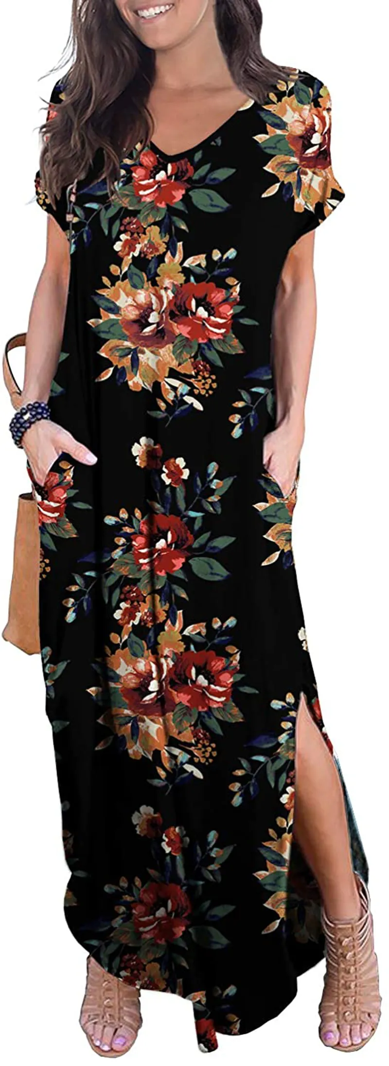 GRECERELLE Women's Casual Loose Pocket Long Dress Short Sleeve Split Maxi Dresses