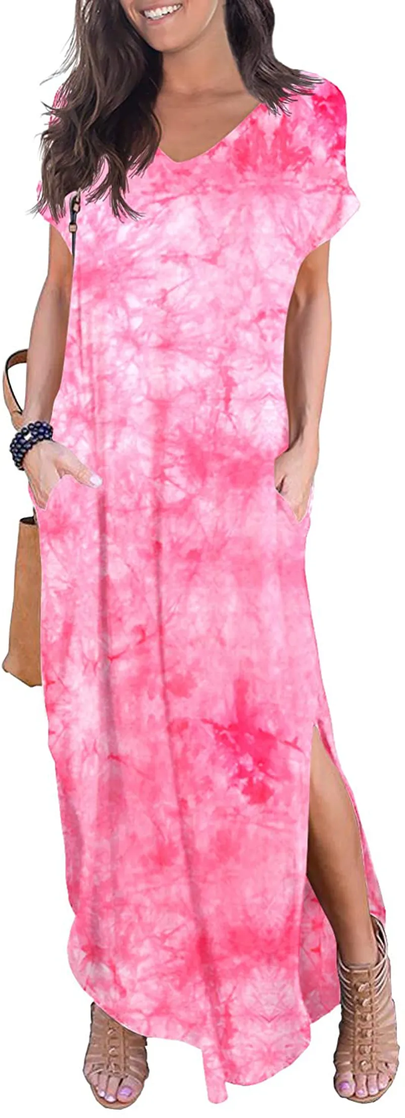 GRECERELLE Women's Casual Loose Pocket Long Dress Short Sleeve Split Maxi Dresses
