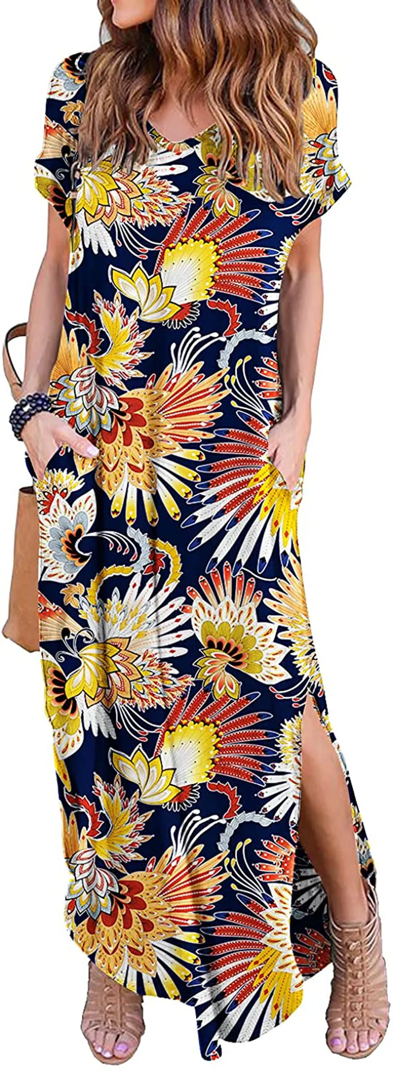 GRECERELLE Women's Casual Loose Pocket Long Dress Short Sleeve Split Maxi Dresses